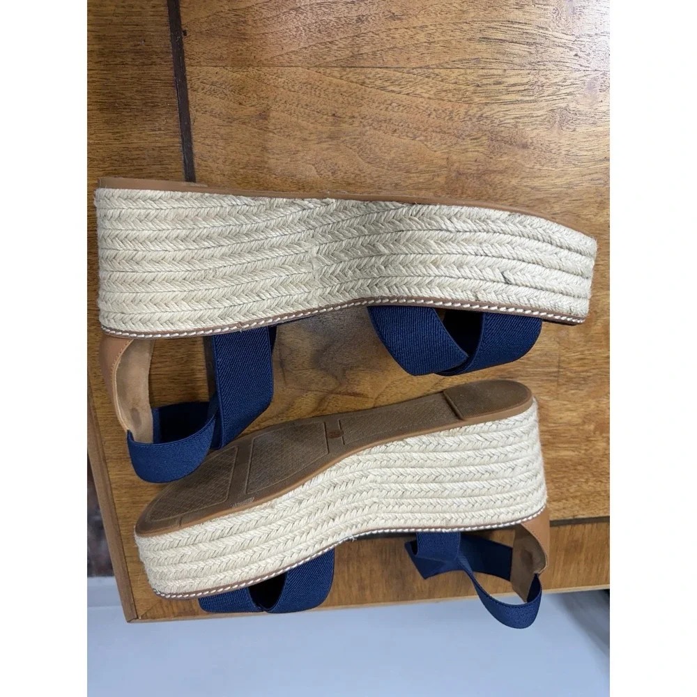 Tory Burch Women's Size 10.5 Navy 50mm Frieda Espadrille Wedge Sandals Stretch